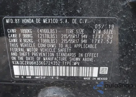 2019 Honda Hr-V Lx z USA, uszkodzony, nr VIN 3CZRU6H33KG724352